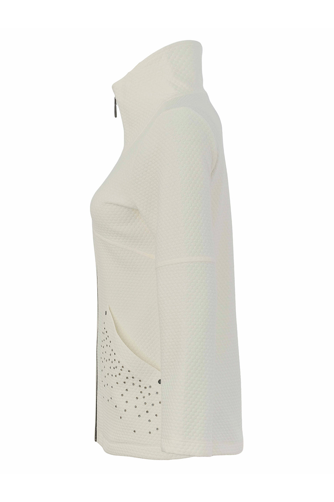 A cream-colored long-sleeve fleece pullover with a mock neck, shown from the side on a plain white background.
