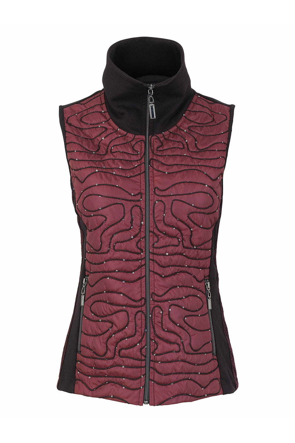 A women's burgundy and black vest in front of a white background. 