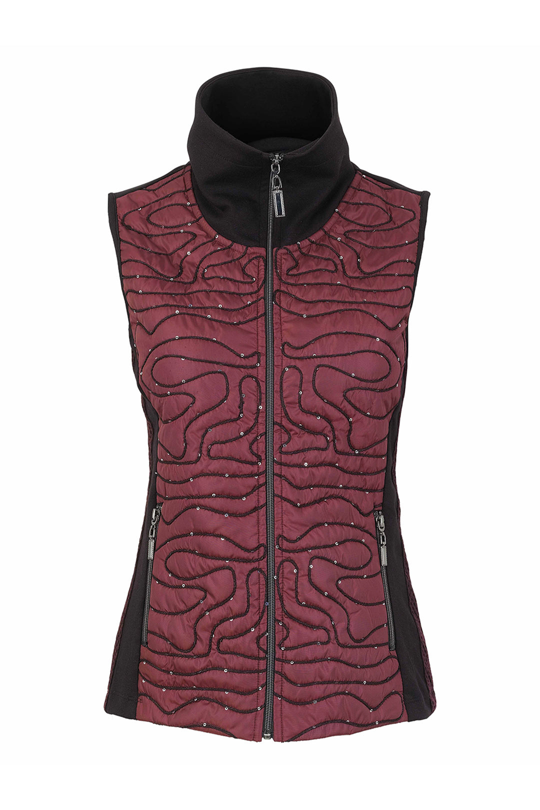 A women's burgundy and black vest in front of a white background. 