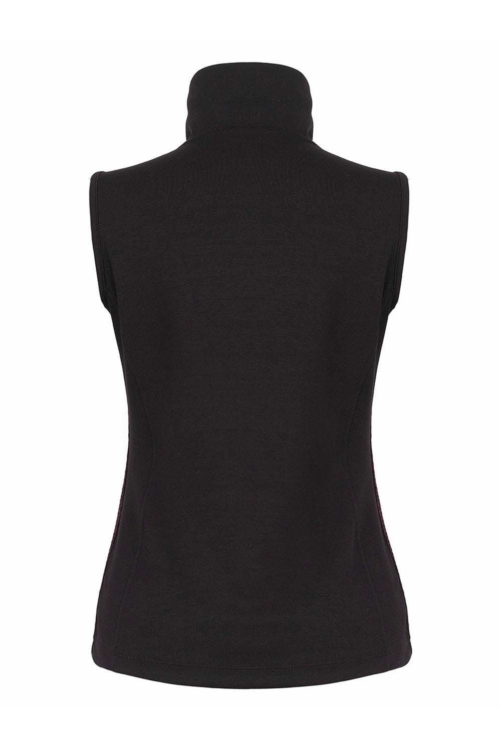 A women's burgundy and black vest shown from the back in front of a white background. 