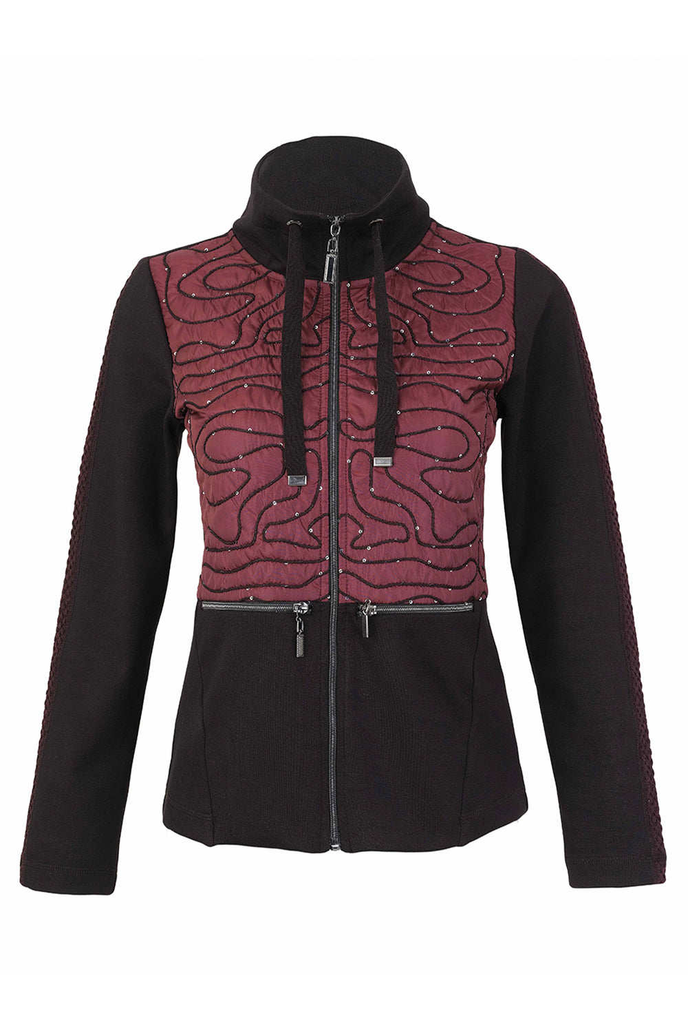 A women's black and burgundy zip jacket in front of a white background. 