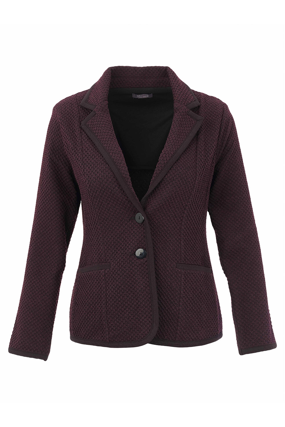 A textured knit blazer in a deep plum purple, against a plain white background.