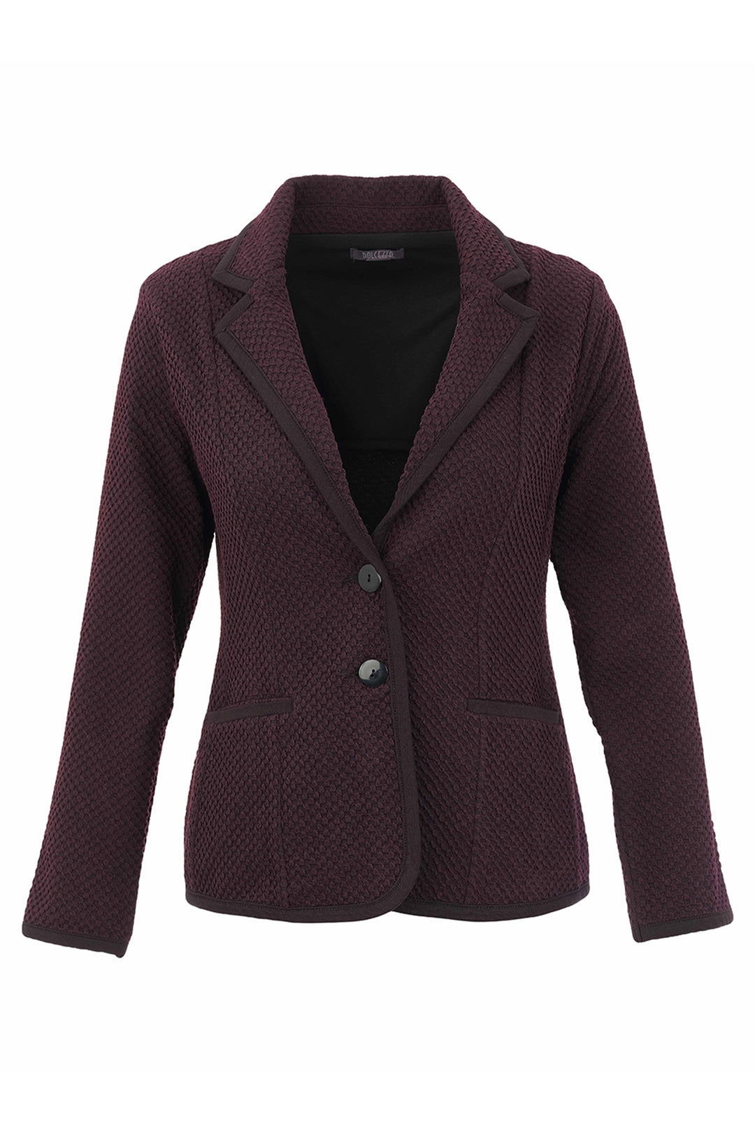 A textured knit blazer in a deep plum purple, against a plain white background.