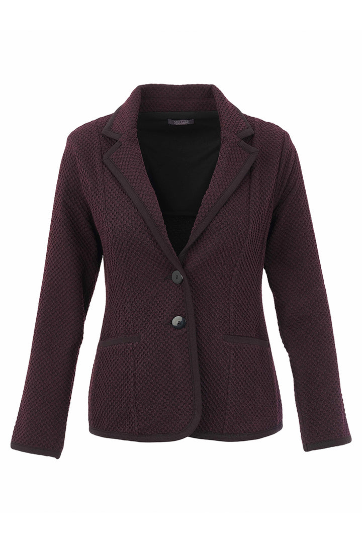 A textured knit blazer in a deep plum purple, against a plain white background.