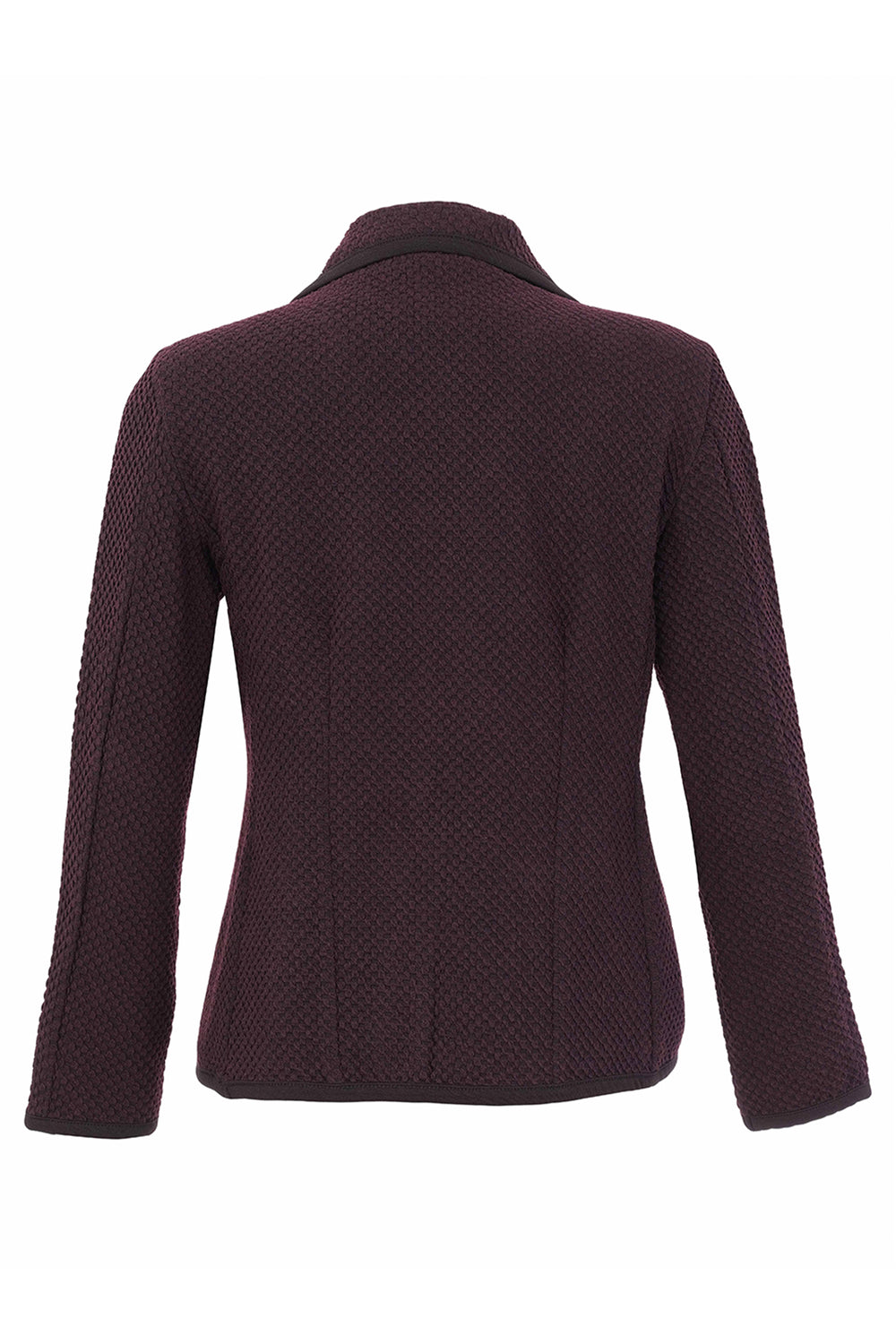 A textured knit blazer in a deep plum purple, shown from the back against a plain white background.