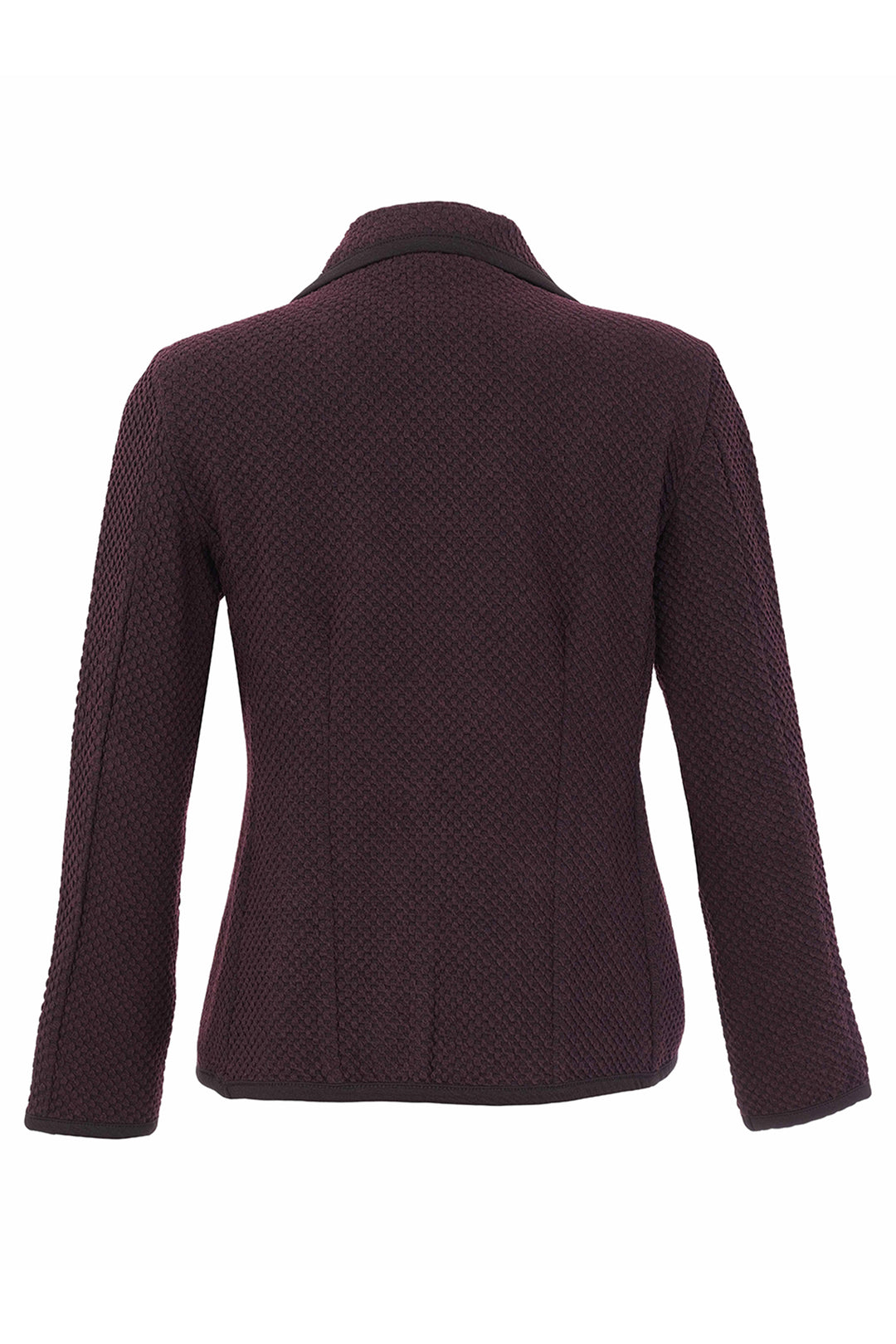 A textured knit blazer in a deep plum purple, shown from the back against a plain white background.