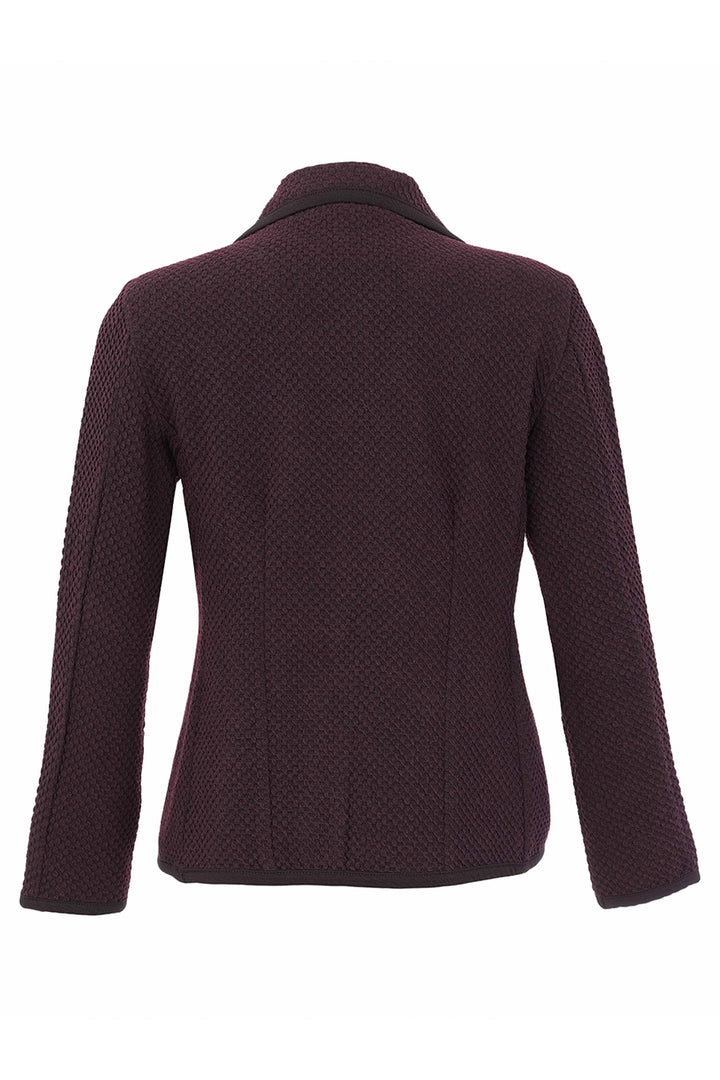 A textured knit blazer in a deep plum purple, shown from the back against a plain white background.