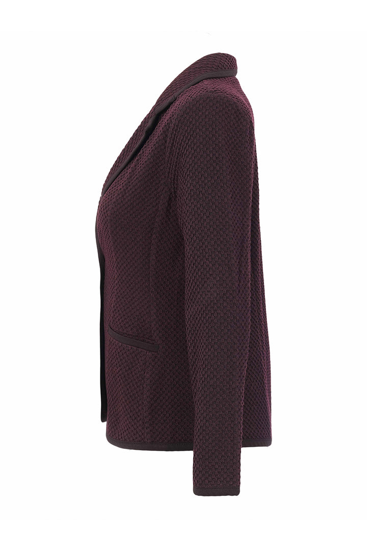 A textured knit blazer in a deep plum purple, shown from a side profile view against a plain white background.
