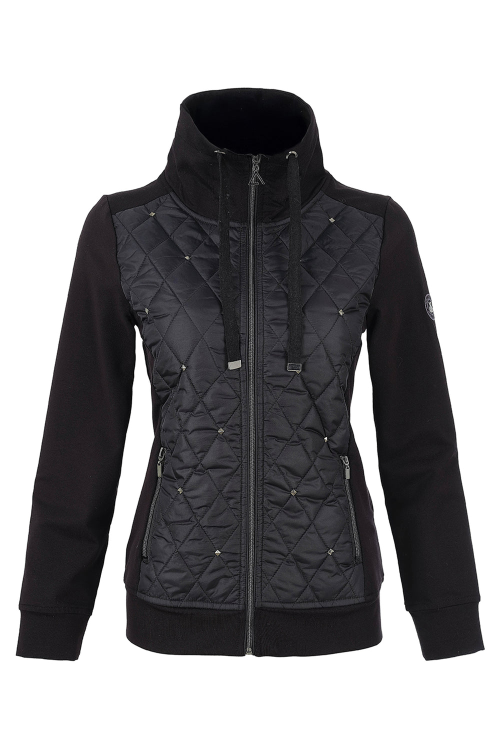 A black jacket with a ribbed knit body and quilted chest panel, view against a plain white background.