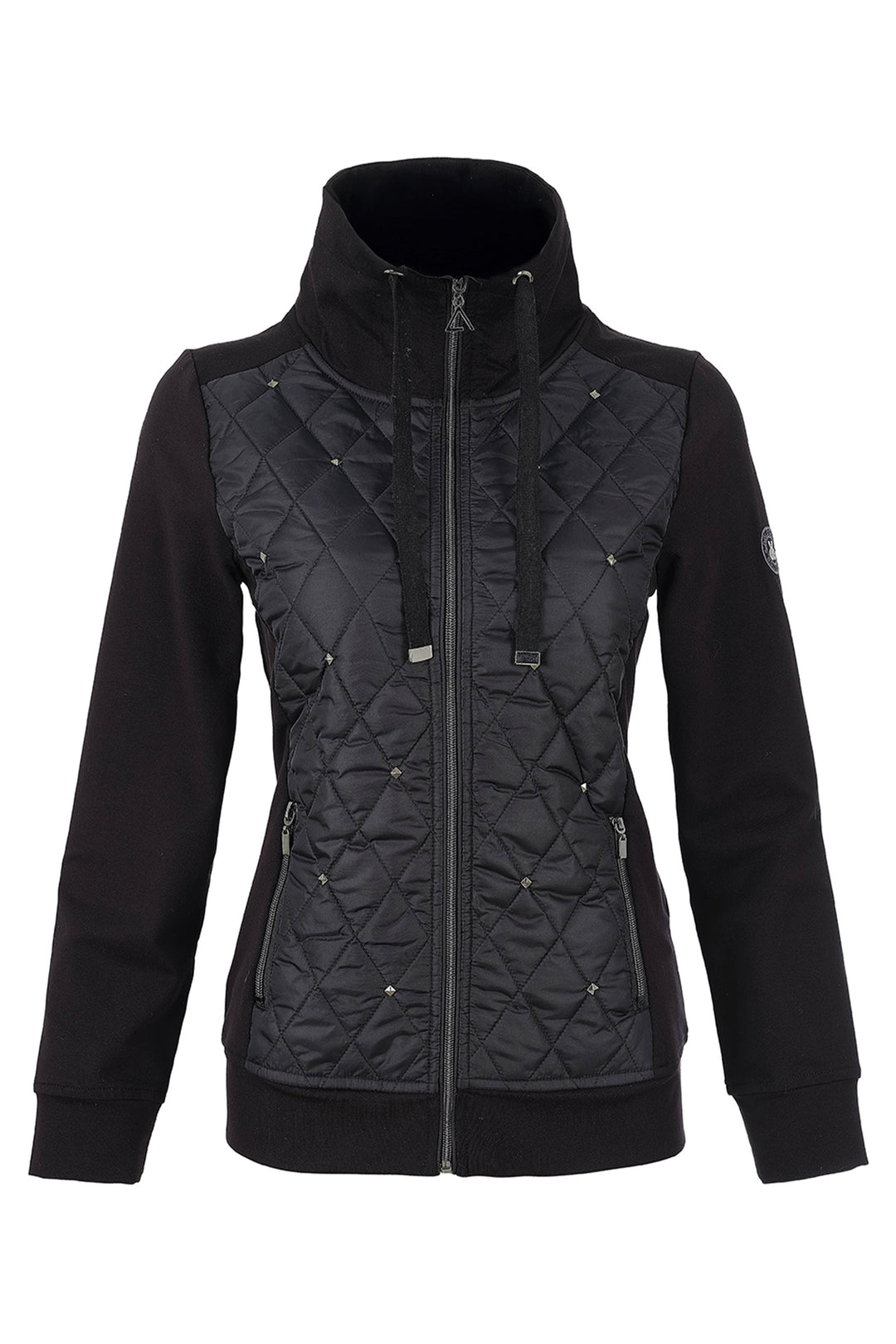 A black jacket with a ribbed knit body and quilted chest panel, view against a plain white background.