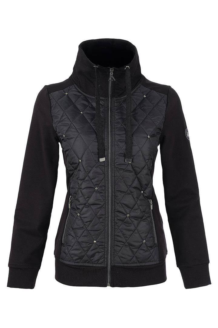 A black jacket with a ribbed knit body and quilted chest panel, view against a plain white background.