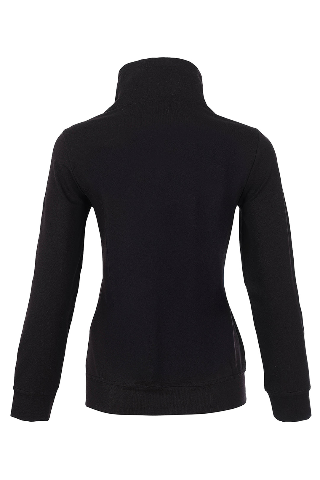 A black jacket with a ribbed knit body and quilted chest panel, shown from the back against a plain white background.
