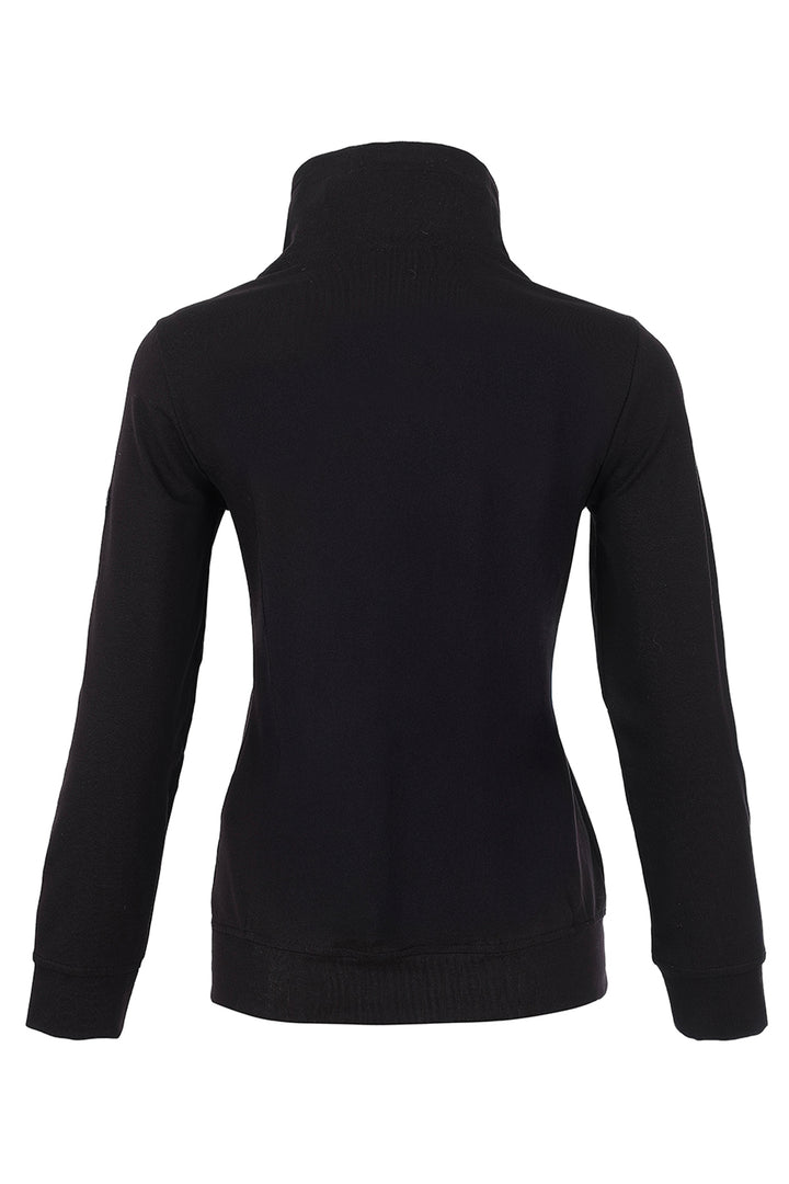 A black jacket with a ribbed knit body and quilted chest panel, shown from the back against a plain white background.