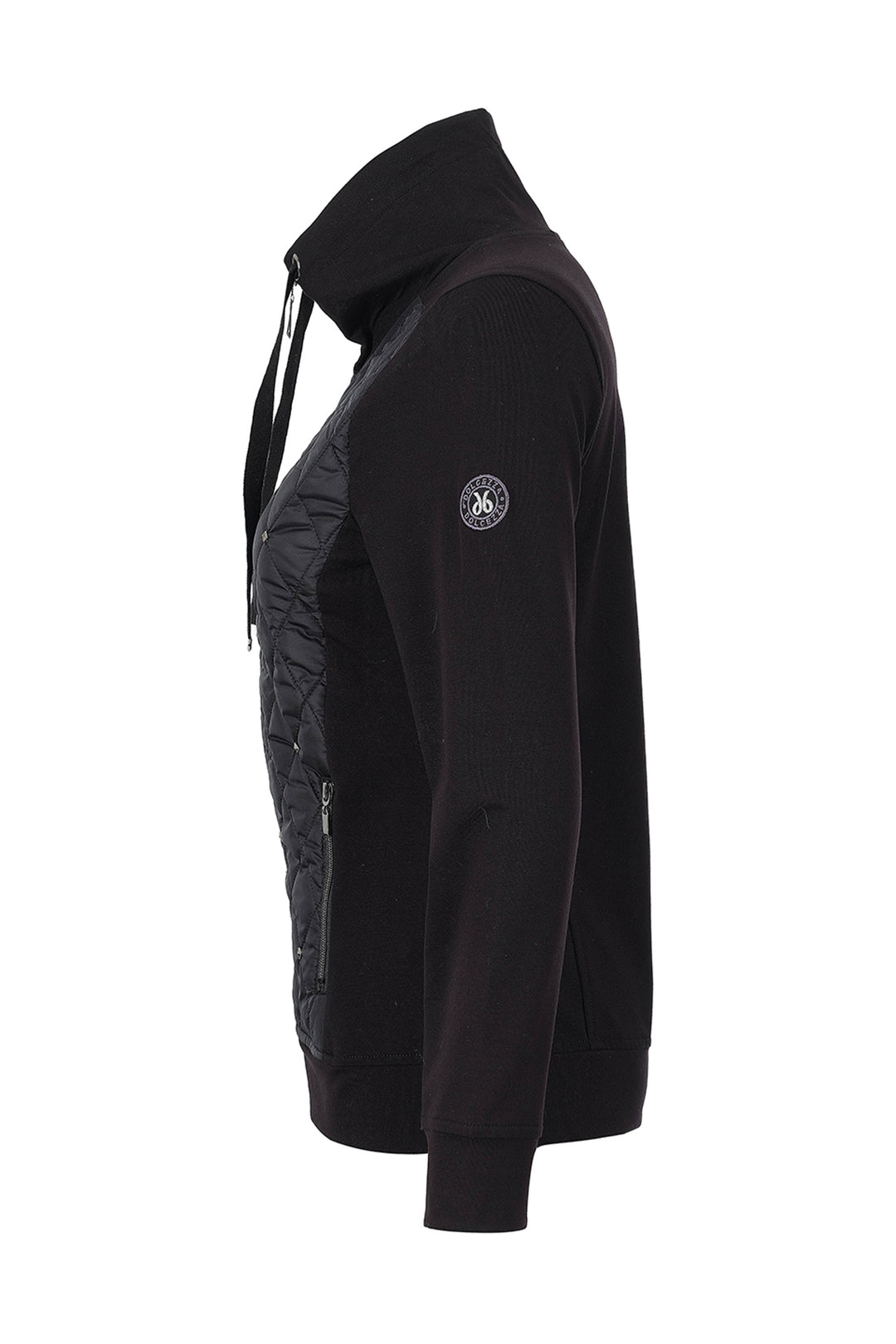 A black jacket with a ribbed knit body and quilted chest panel, shown in a side profile view against a plain white background.