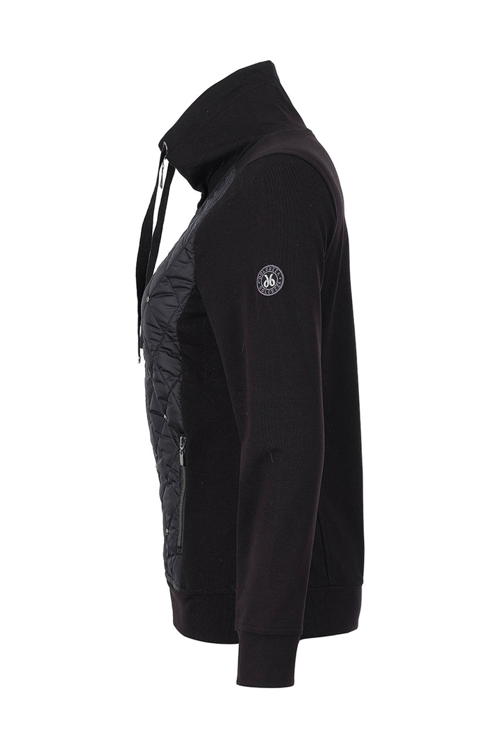 A black jacket with a ribbed knit body and quilted chest panel, shown in a side profile view against a plain white background.