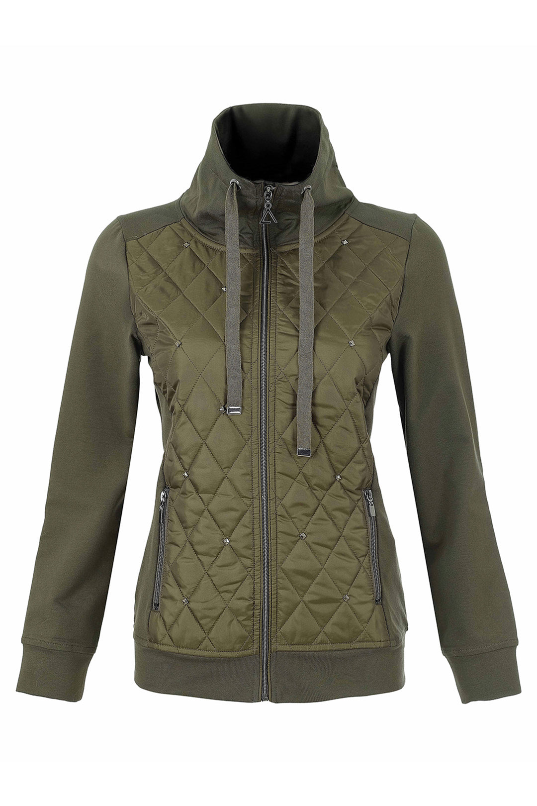An olive green hooded jacket with a ribbed knit body and quilted chest panel, against a plain white background.