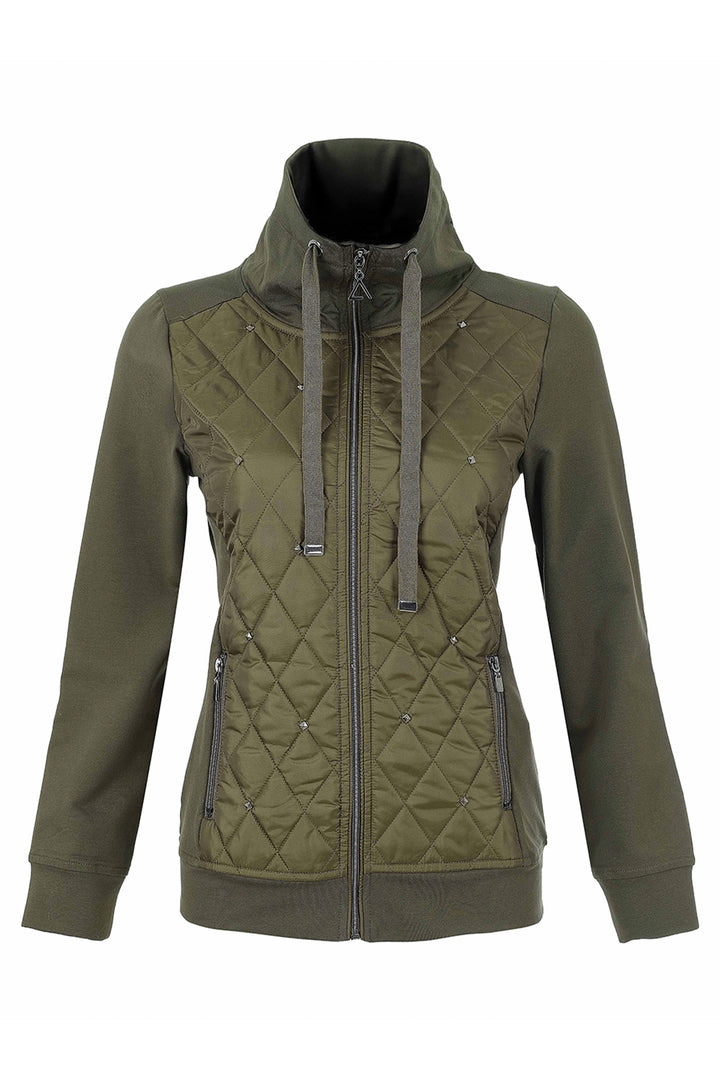 An olive green hooded jacket with a ribbed knit body and quilted chest panel, against a plain white background.