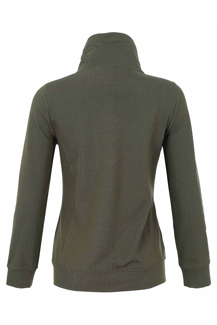 An olive green hooded jacket with a ribbed knit body and quilted chest panel, shown from the back against a plain white background.