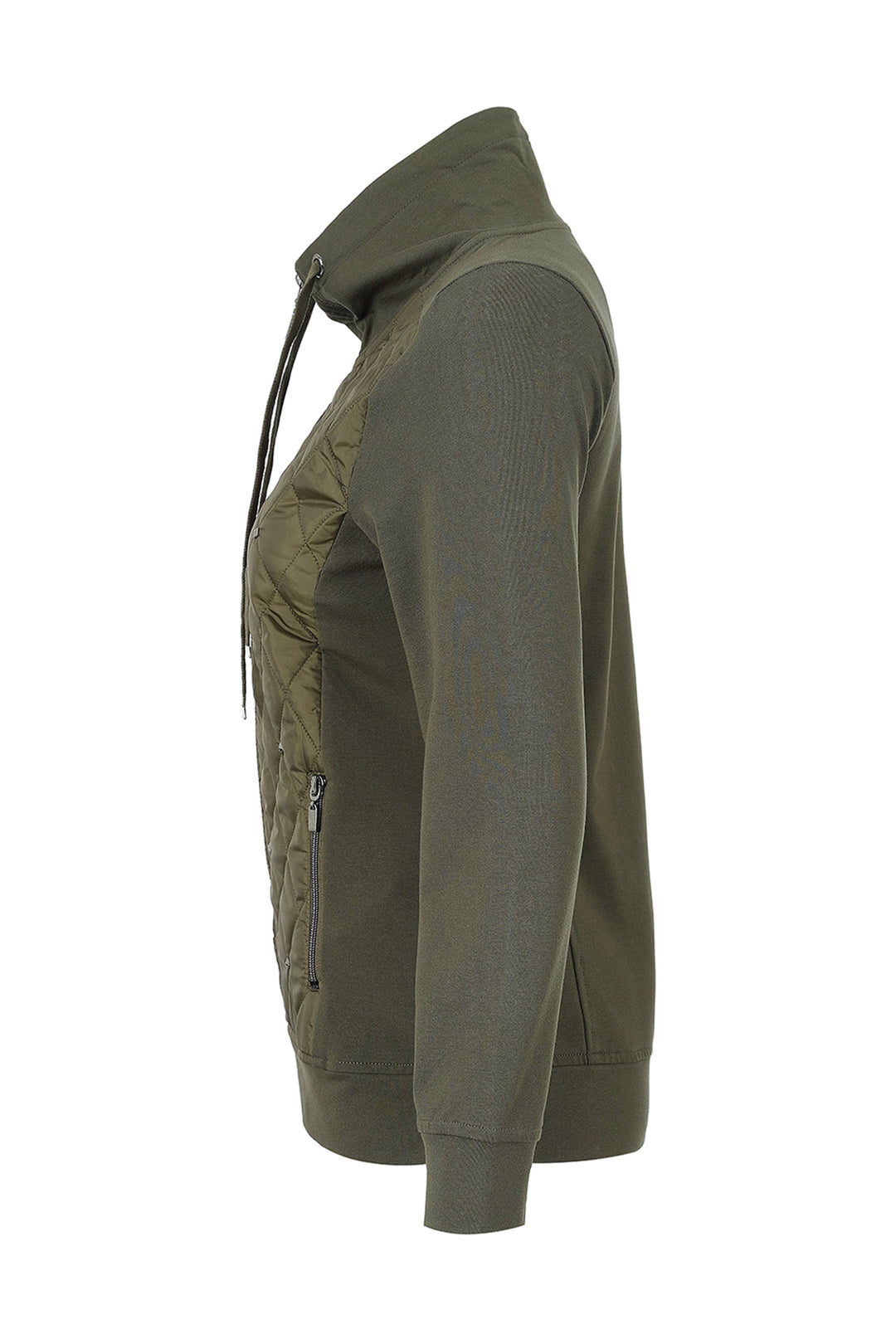 An olive green hooded jacket with a ribbed knit body and quilted chest panel, shown in a side profile view against a plain white background.