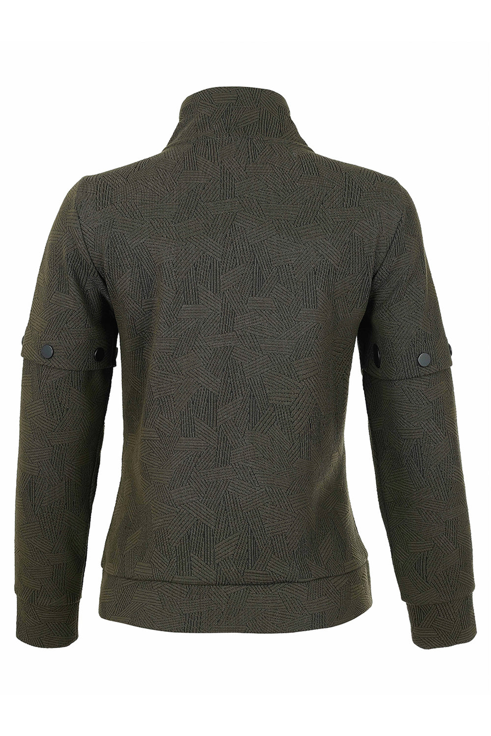A women's zip from jacket shown from the back in front of a white background. 