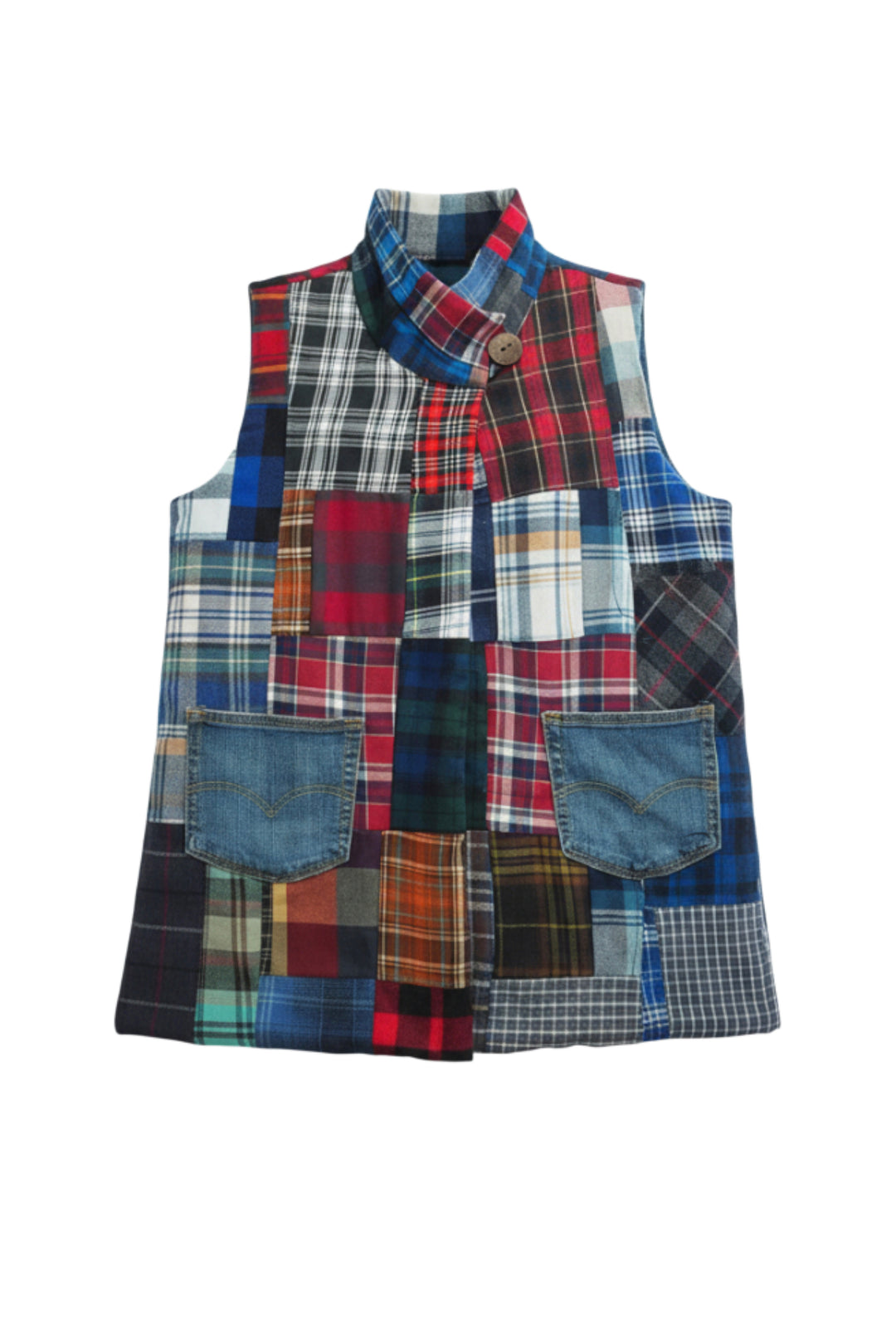 A women's patchwork denim and plaid vest shown on a light grey background. 