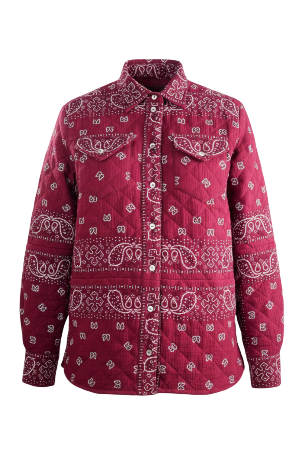 A women's quilted printed shacket shown in front of a light grey background. 