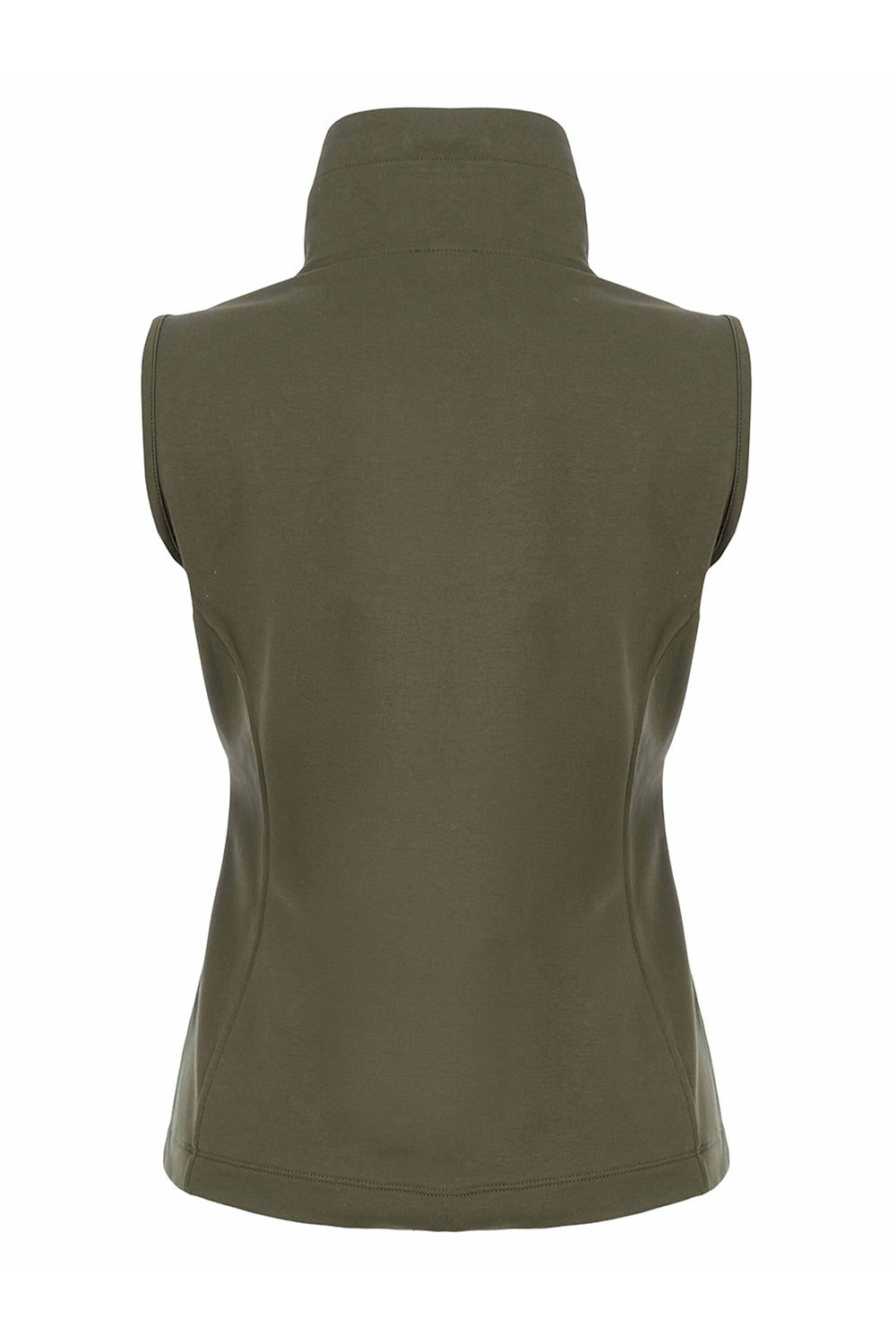 A woman's khaki coloured vest with a quilted front shown from the back in front of a white background. 