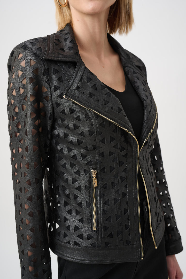 LASER CUT FAUX SUEDE &amp; MESH MOTO JACKET