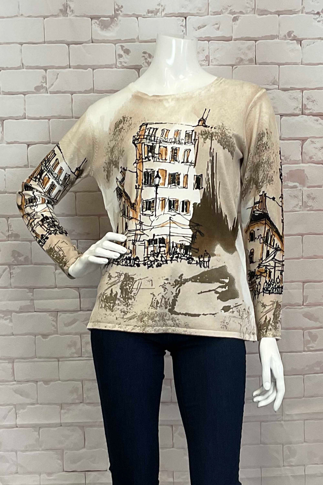 Variations Fall 2024  The round neck and slightly loose fit provide both comfort and style. Perfect for pairing with joggers, jeans or even capris, and featuring a stunning European cityscape abstract print.  