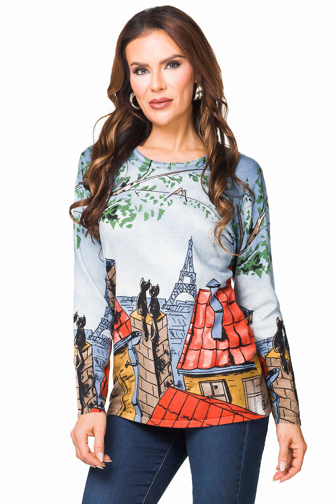 Minkas Fall 2024  With super cute cat couple&nbsp; graphic on the front and sleeves, this versatile top can be dressed up or down. 