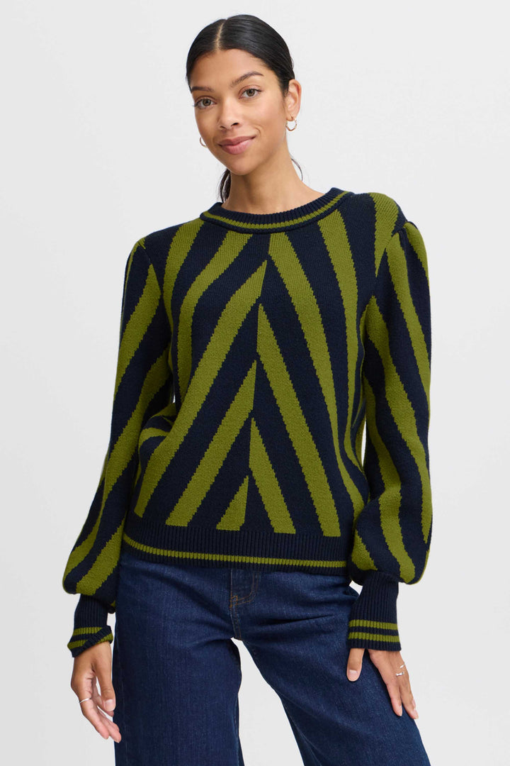 B. Young Fall 2024  With its short length hem and vibrant lime and black stripes, this sweater is sure to make a statement! 