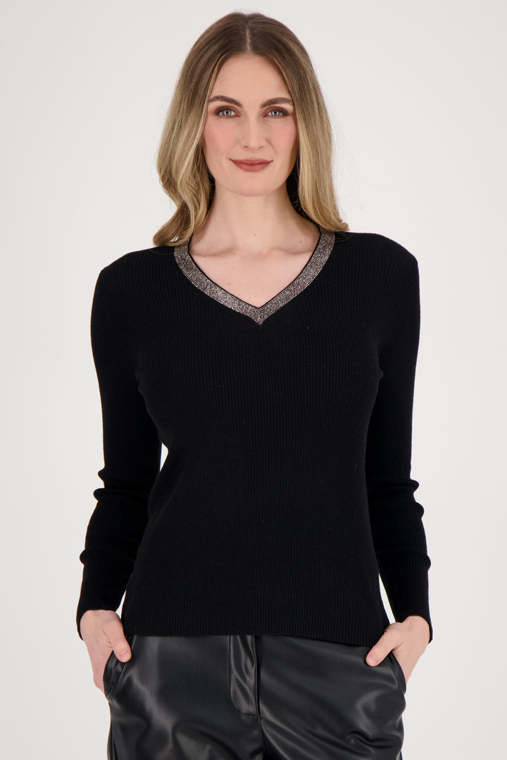 Spanner Fall 2024 The bling v-neck and ribbed texture designs add a touch of luxury to this lightweight and stretchy fabric blend top.