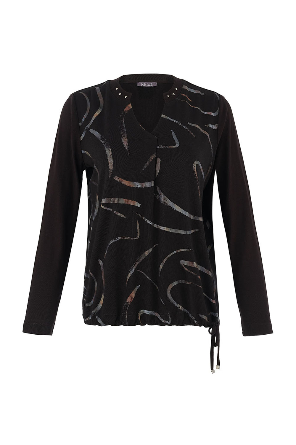 Dolcezza Fall 2025 
The Dancing in the Dark Split Neck Tie Waist Top steals the spotlight with its sparkly split v-neck and playful front tie string. Its light, loose fit offers a flattering flow, while the bold abstract print adds a splash of fun.