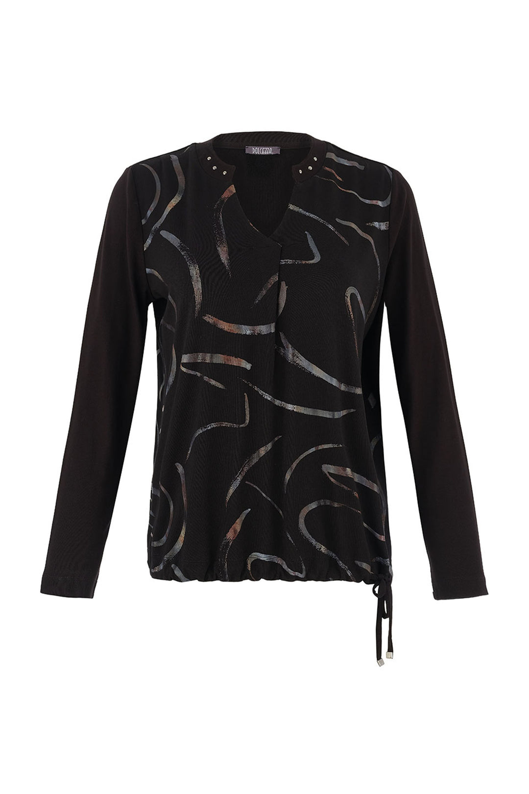 Dolcezza Fall 2025 
The Dancing in the Dark Split Neck Tie Waist Top steals the spotlight with its sparkly split v-neck and playful front tie string. Its light, loose fit offers a flattering flow, while the bold abstract print adds a splash of fun.