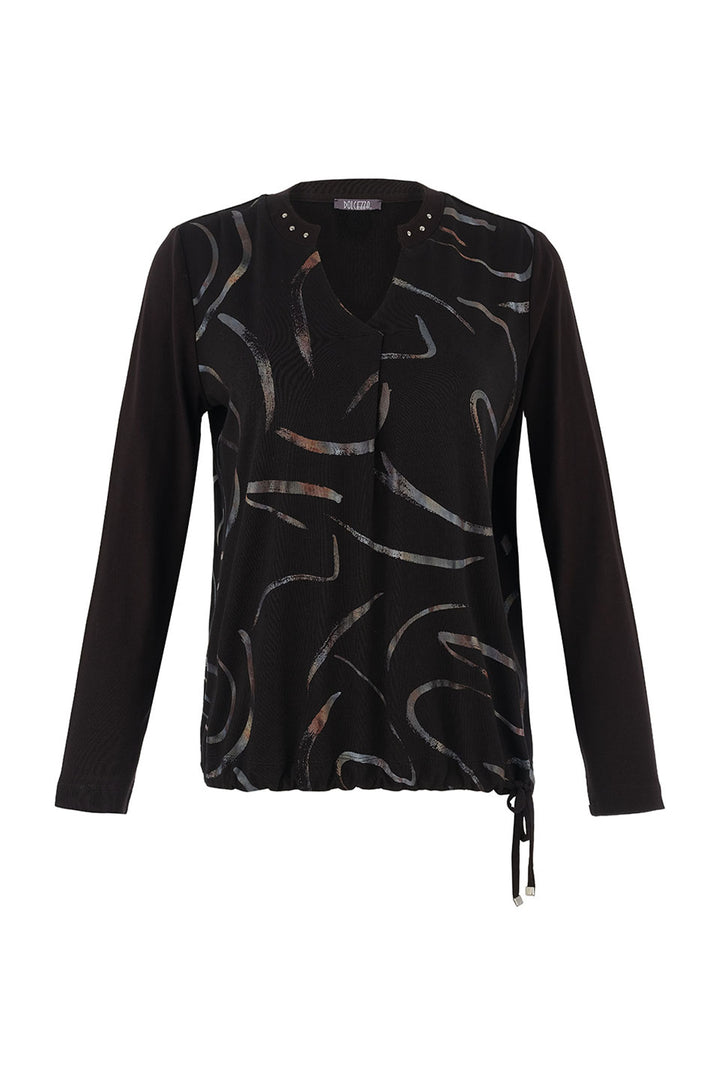 Dolcezza Fall 2025 
The Dancing in the Dark Split Neck Tie Waist Top steals the spotlight with its sparkly split v-neck and playful front tie string. Its light, loose fit offers a flattering flow, while the bold abstract print adds a splash of fun.