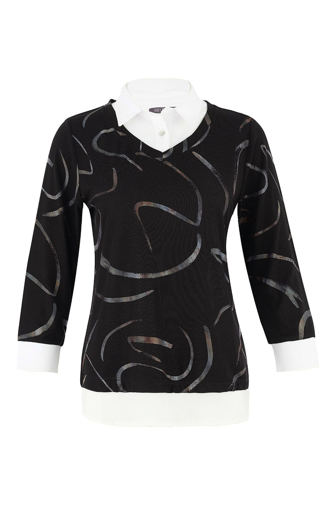 Dolcezza Fall 2025 
The Dancing in the Dark Fooler Top and blouse is a stylish and comfortable choice for any wardrobe. The soft stretch jersey fabric is comfortable to wear and features contrasting white collar and cuffs with an interesting brushstroke print design all-over.