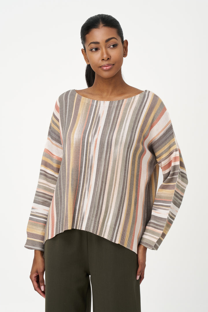 M Italy Fall 2025 
Experience effortless style with our Dolman Sweater Top, crafted from a soft viscose blend for lightweight comfort. Its standout striped design adds a touch of visual interest, while the dolman sleeves and loose fit create a relaxed, flattering silhouette. 