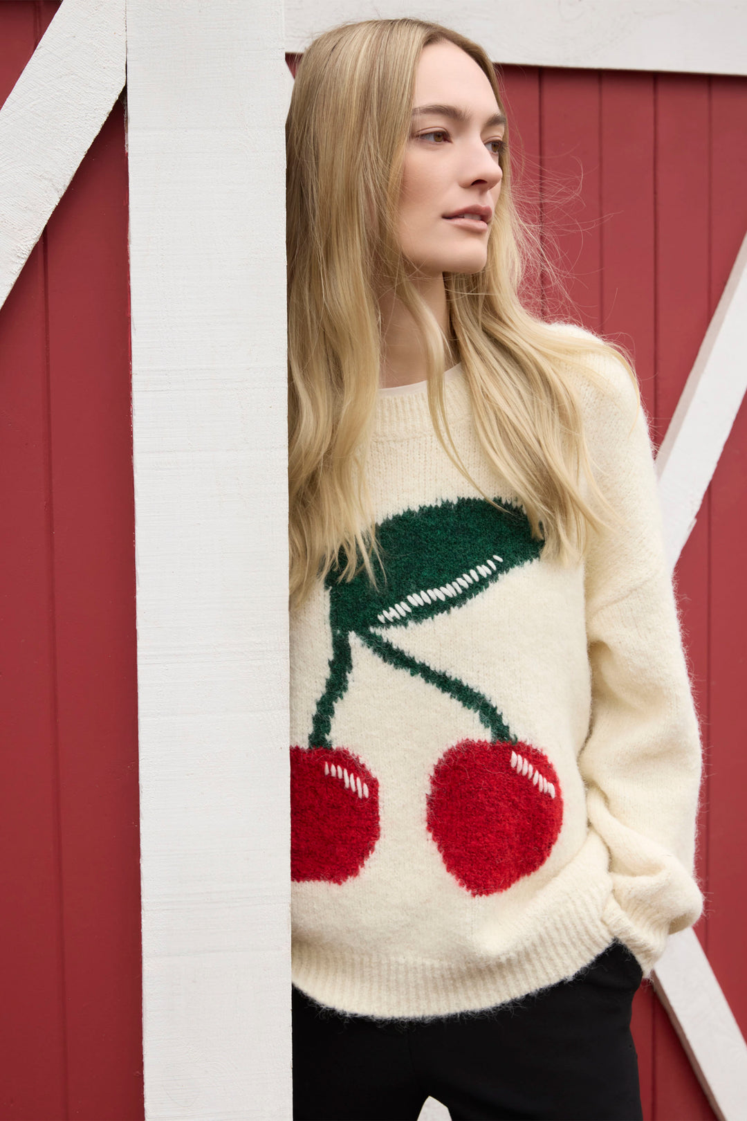 Charlie B Fall 2025 
This cozy wool sweater features fuzzy fabric and charming drop shoulders for a standard to relaxed fit. The standout? Big, playful cherries 🍒 front and center that add a pop of fun to your look!