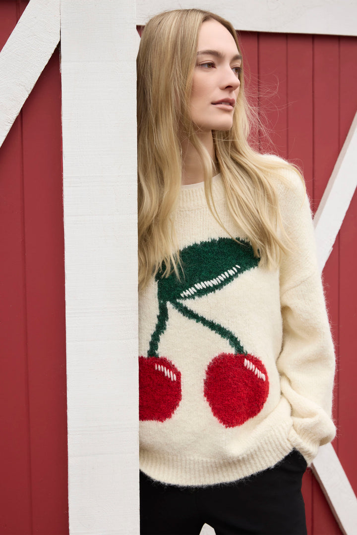 Charlie B Fall 2025 
This cozy wool sweater features fuzzy fabric and charming drop shoulders for a standard to relaxed fit. The standout? Big, playful cherries 🍒 front and center that add a pop of fun to your look!