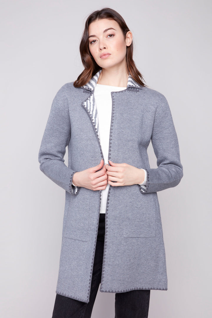Charlie B Fall 2025 
This grey cardigan combines comfort and style with its irresistibly soft jacquard knit fabric you'll never want to take off. Featuring an open style and a striking contrast zebra print interior, it offers versatile wear options. 