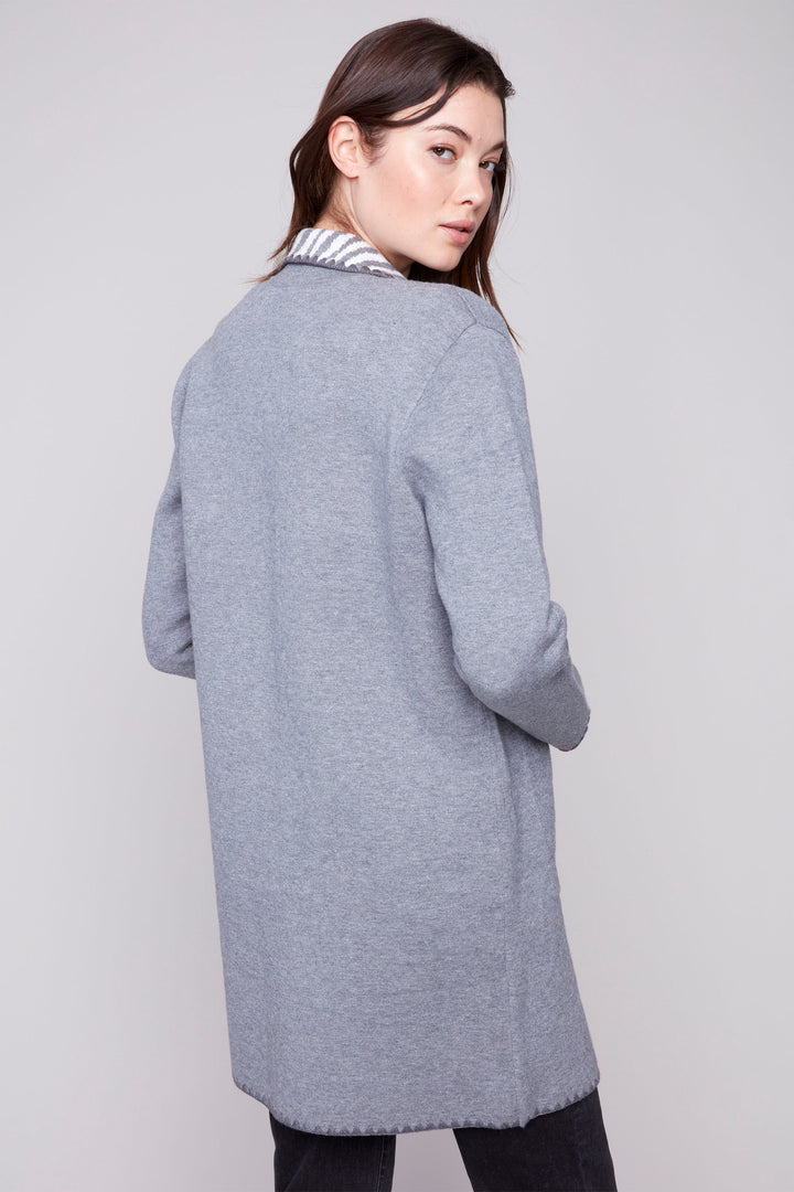 HEATHER GREY CARDIGAN WITH BLANKET STITCH & ZEBRA