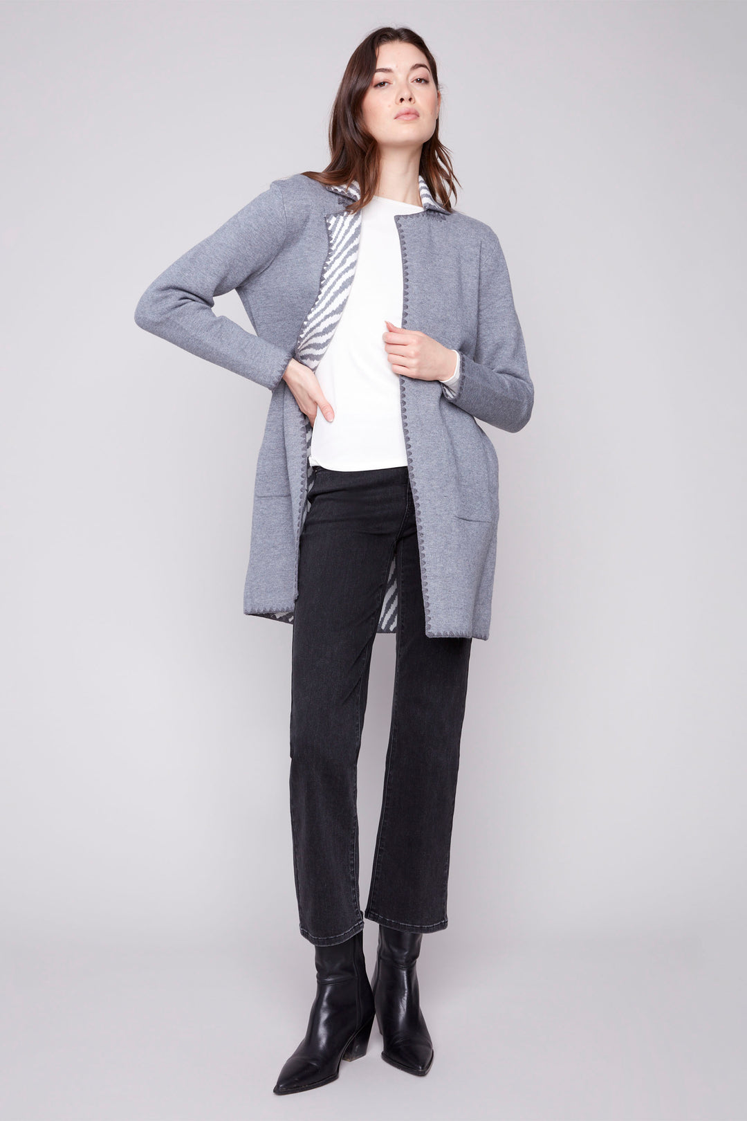HEATHER GREY CARDIGAN WITH BLANKET STITCH & ZEBRA