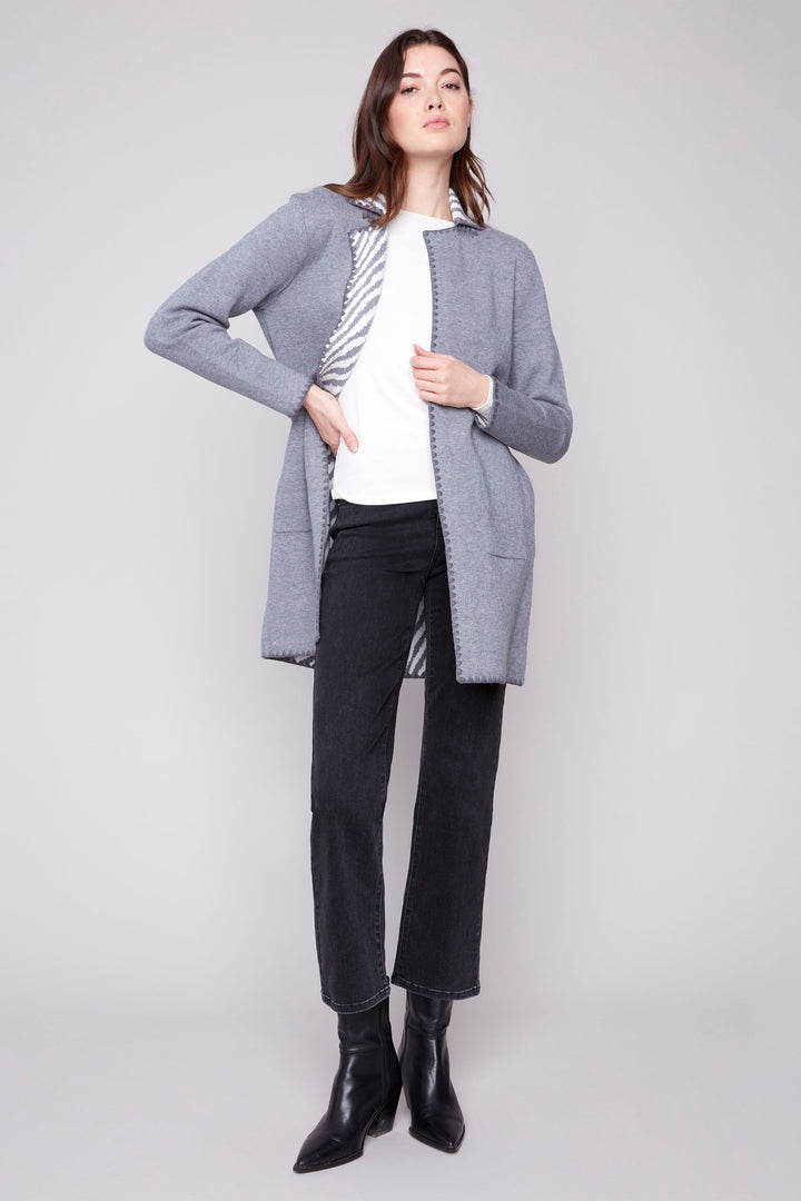 HEATHER GREY CARDIGAN WITH BLANKET STITCH & ZEBRA