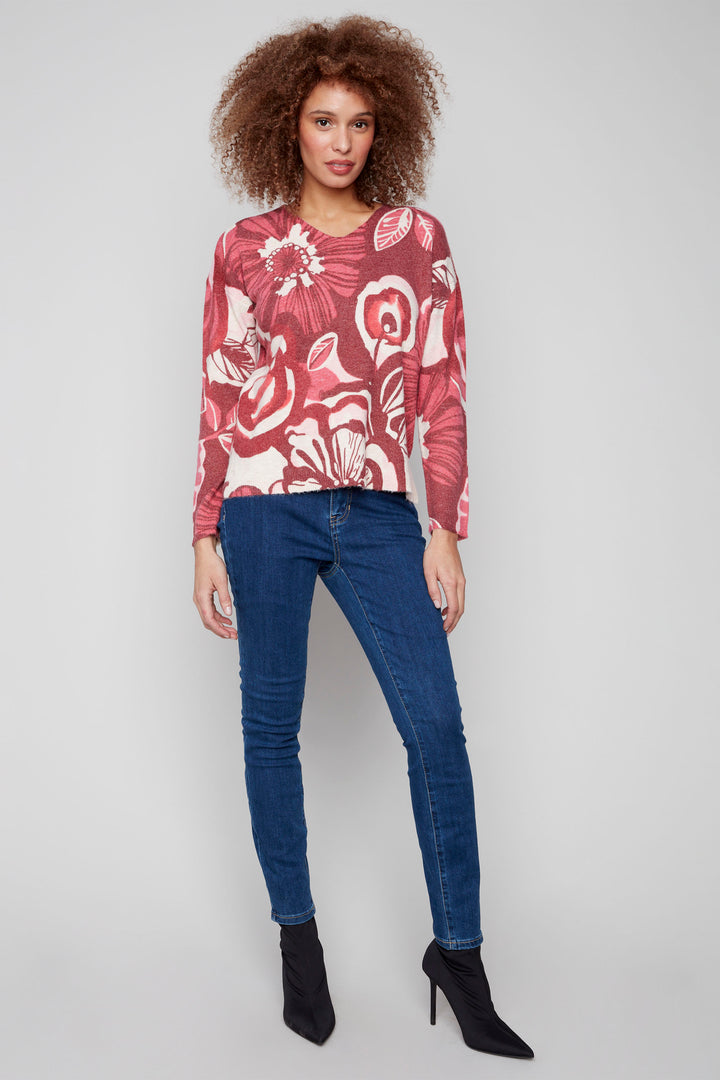 FLORAL LS V-NECK SWEATER TOP