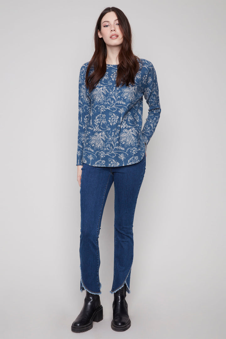 CALICO BLUE FLORAL LS SWEATER TOP