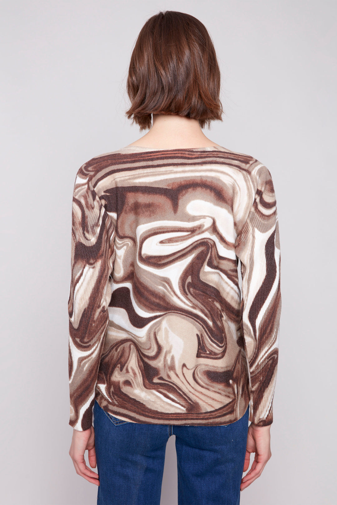 BROWN SWIRL PRINT LS TOP WITH SIDE BUTTONS