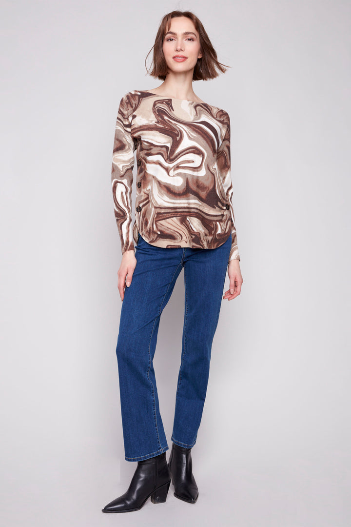 BROWN SWIRL PRINT LS TOP WITH SIDE BUTTONS