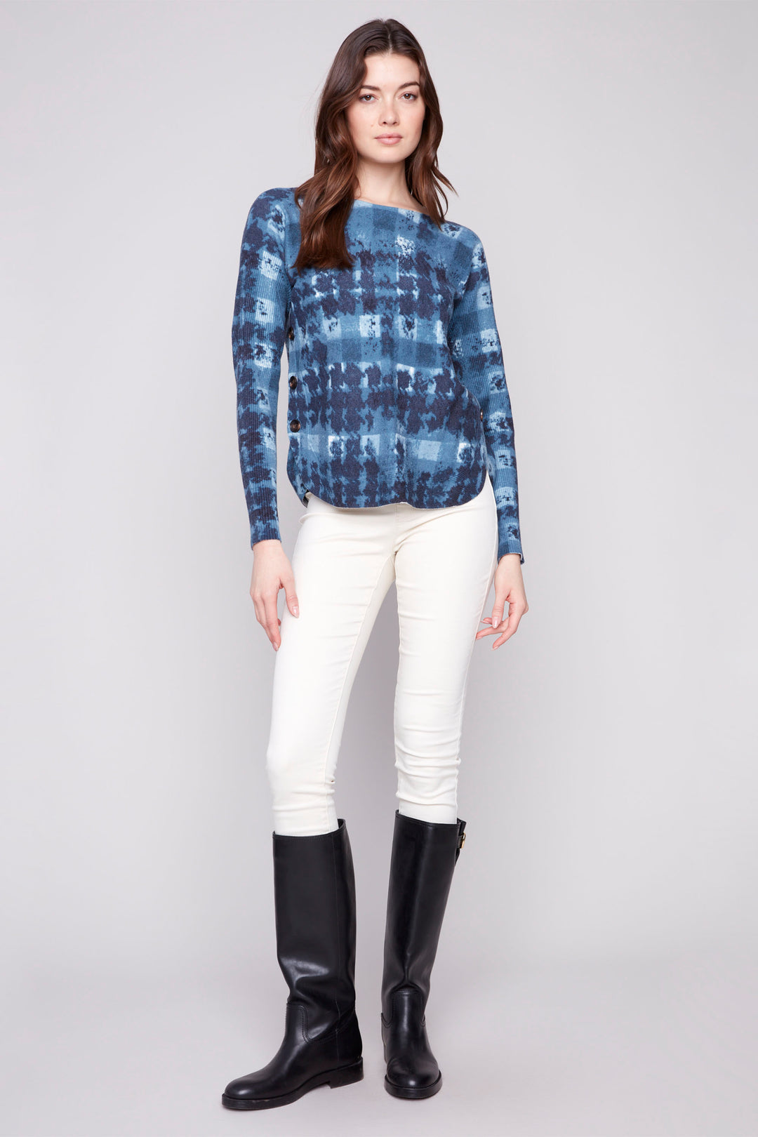 SHADOW PRINT LS TOP WITH SIDE BUTTONS