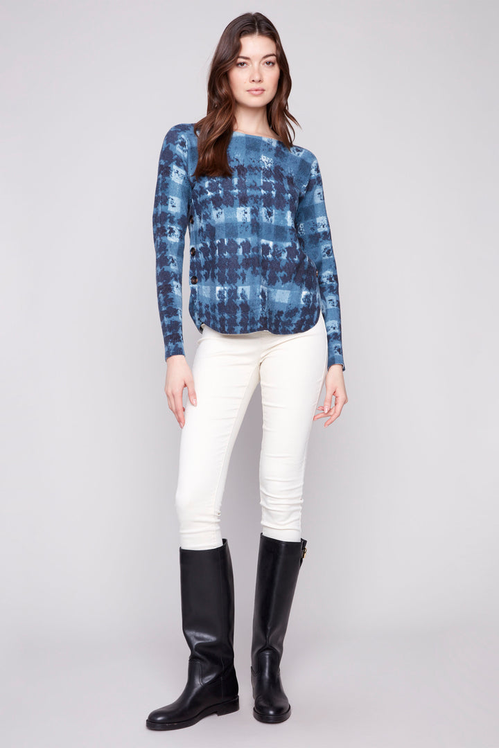 SHADOW PRINT LS TOP WITH SIDE BUTTONS