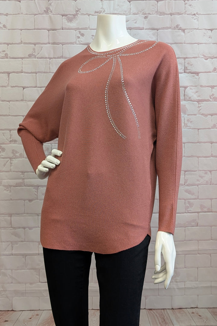 DOLMAN SWEATER TOP WITH RHINESTONE BOW